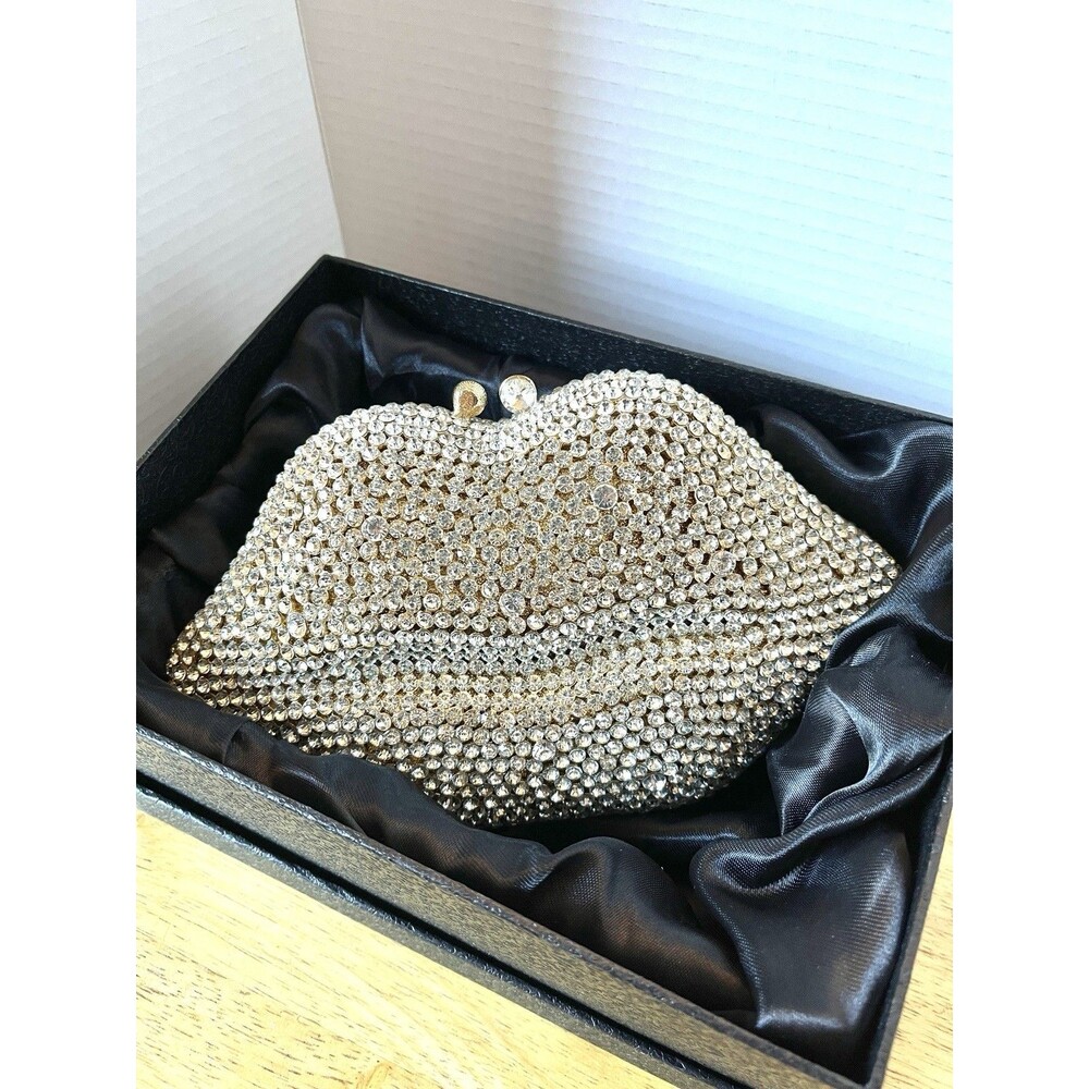 Crystal Rhinestones Lip Clutch Evening Shoulder Bag Gold Lining Extra Bag Bling